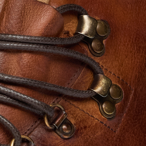 Closeup of Antiqued metal D-rings & Ski hooks