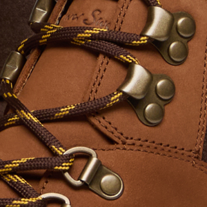 Closeup of Antiqued metal D-rings & ski hooks