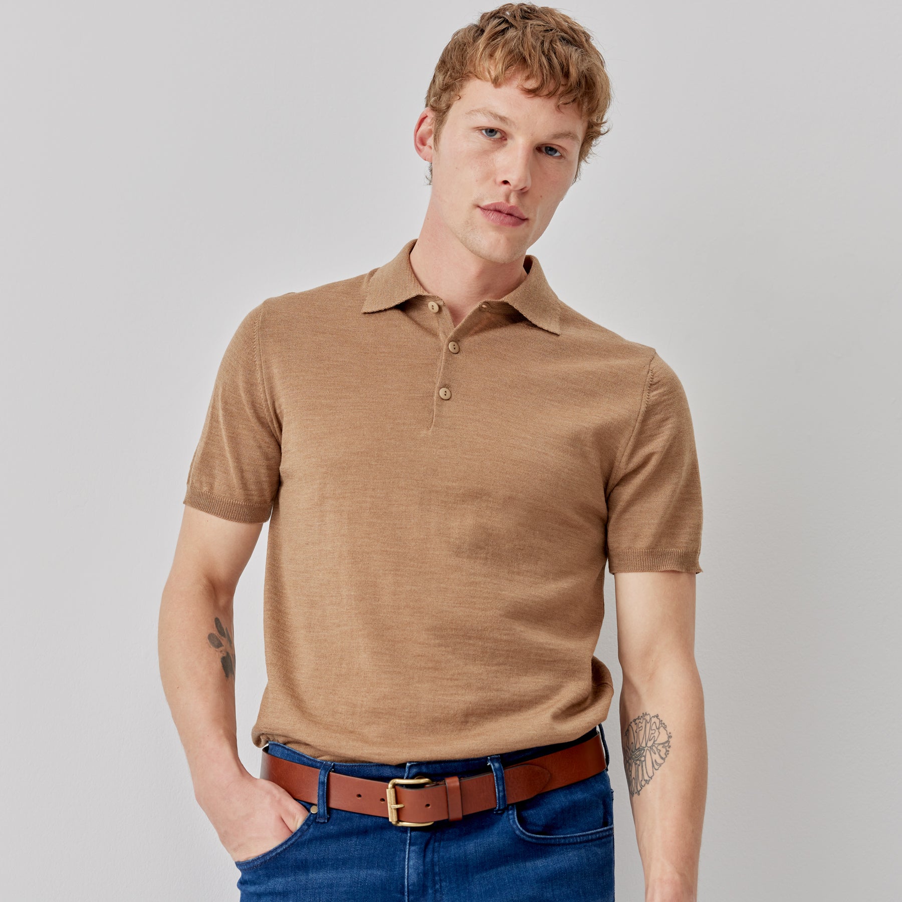 Covehithe Camel Polo Shirt Men's Knitwear Oliver Sweeney - Main Image