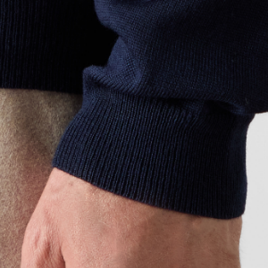 Closeup of Ribbed collar, cuffs & hem