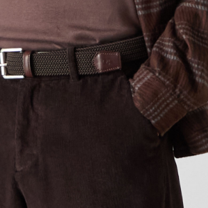 Closeup of 2 front side slanted pockets & 2 rear buttoned pockets