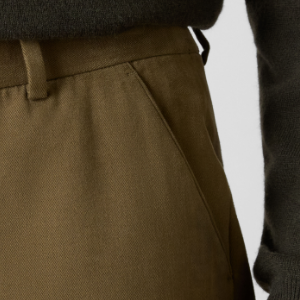 Closeup of 2 front side slanted pockets & 2 rear buttoned pockets