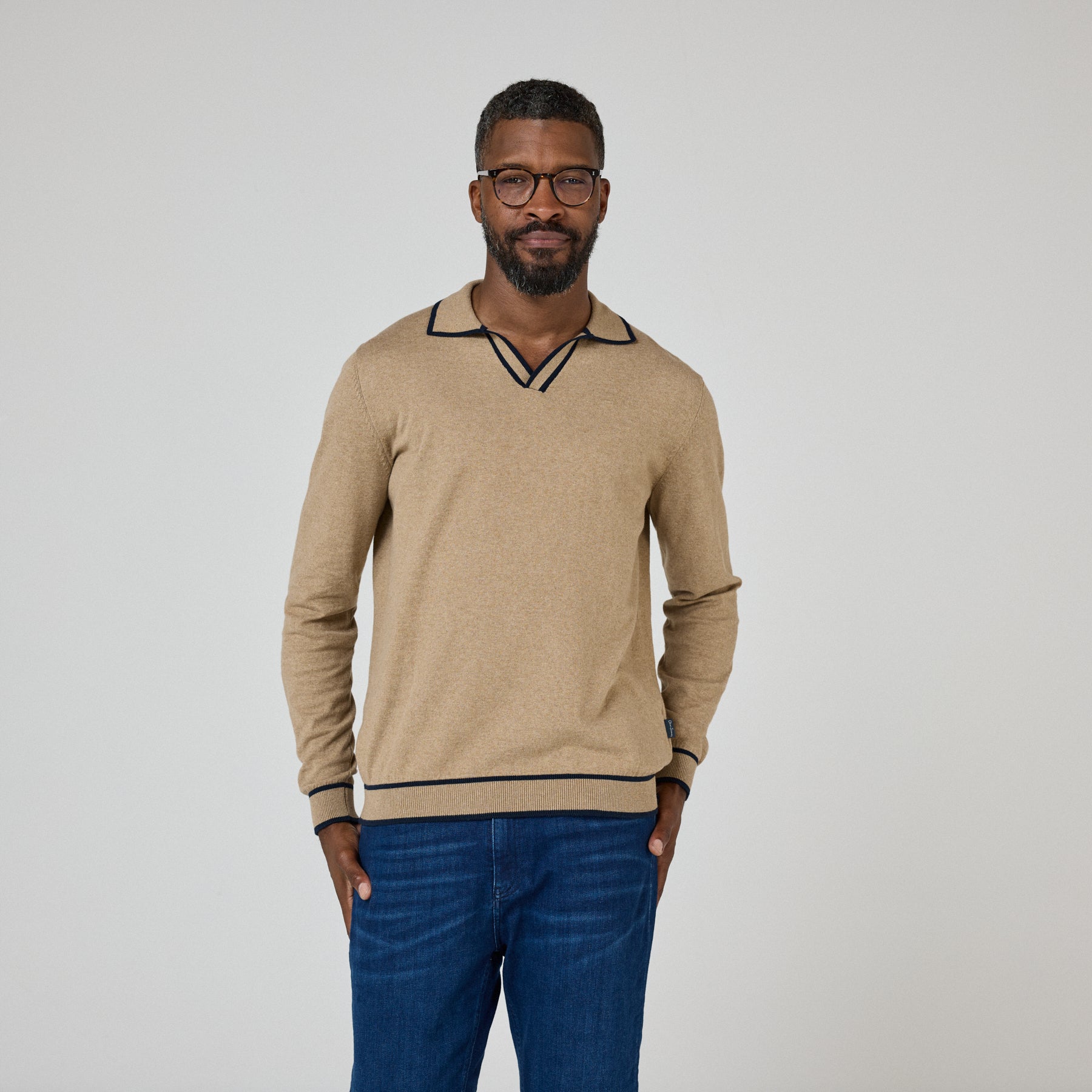 Ludlow Camel Long Sleeve Polo| Men's Knitwear | Oliver Sweeney
