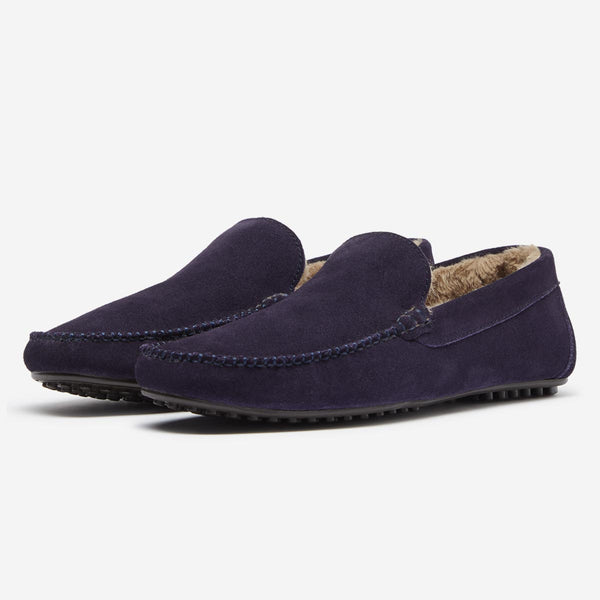 Cotswold Women's Kilkenny Slip-On Moccasin Slipper - Navy Suede With Faux Fur Lining, UK 8 / EU 41