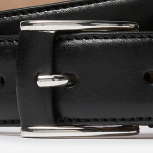 Closeup of Polished metal buckle with leather trim