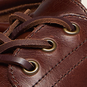 Closeup of Antiqued metal eyelets & leather laces
