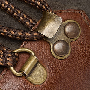Closeup of Antiqued metal D-rings & ski hooks