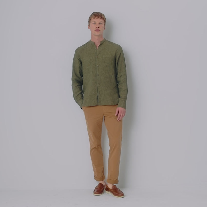 Lambley Khaki | Men's Linen Grandad Collar Shirt | Men's Shirts